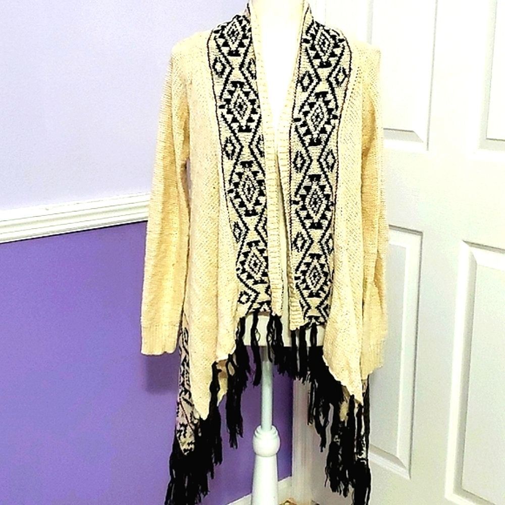 Cream & Black Boho Lagenlook Southwestern Asymmetrical Fringed Open Cardigan XS